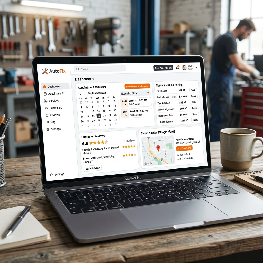 Auto repair website with online booking, service menus, and Google reviews