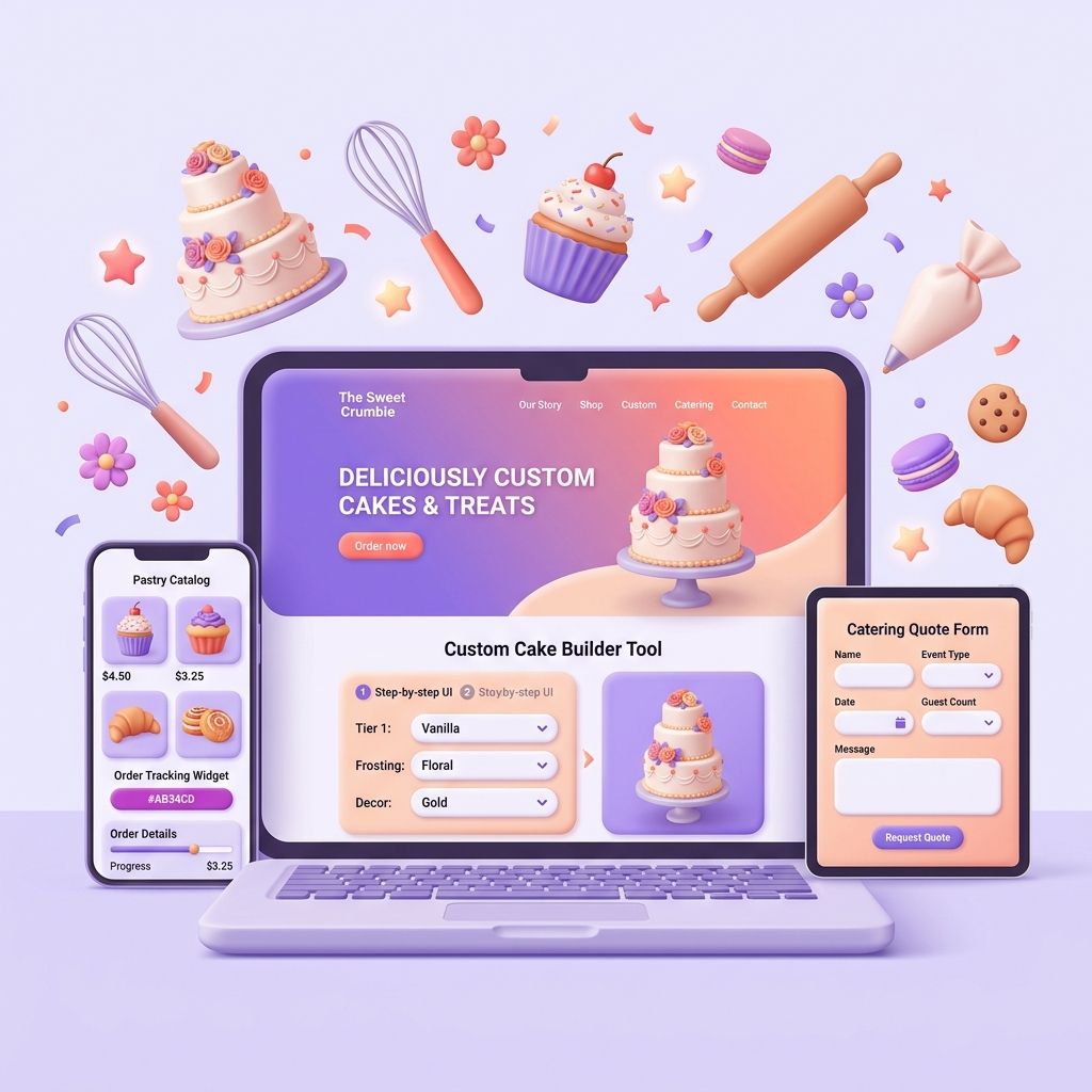 Bakery website with cake builder, pastry catalog, online ordering, and catering quote form