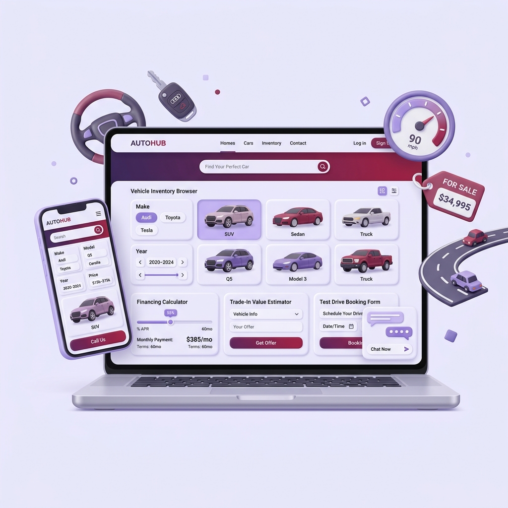Car dealership website with vehicle inventory, financing calculator, trade-in estimator, and test drive booking