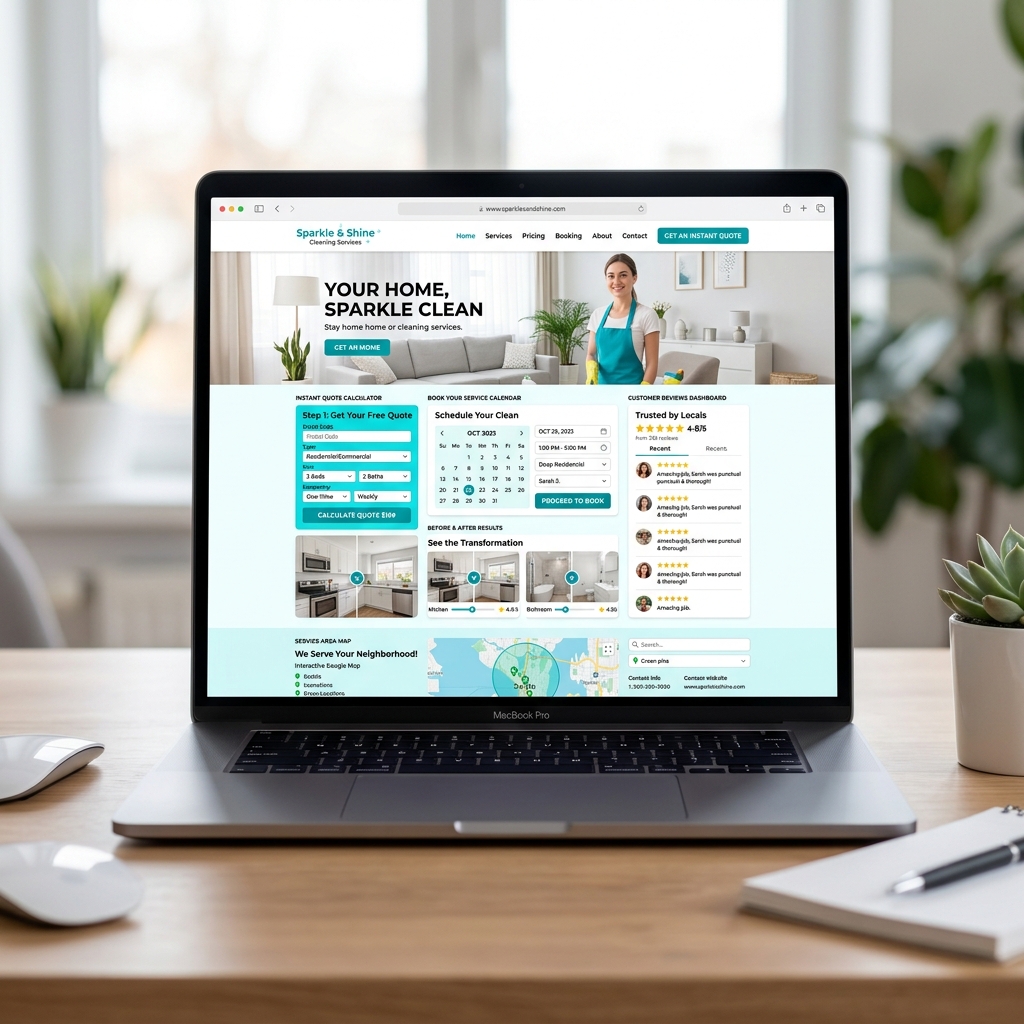 Cleaning service website with instant quotes, booking calendar, and service area map