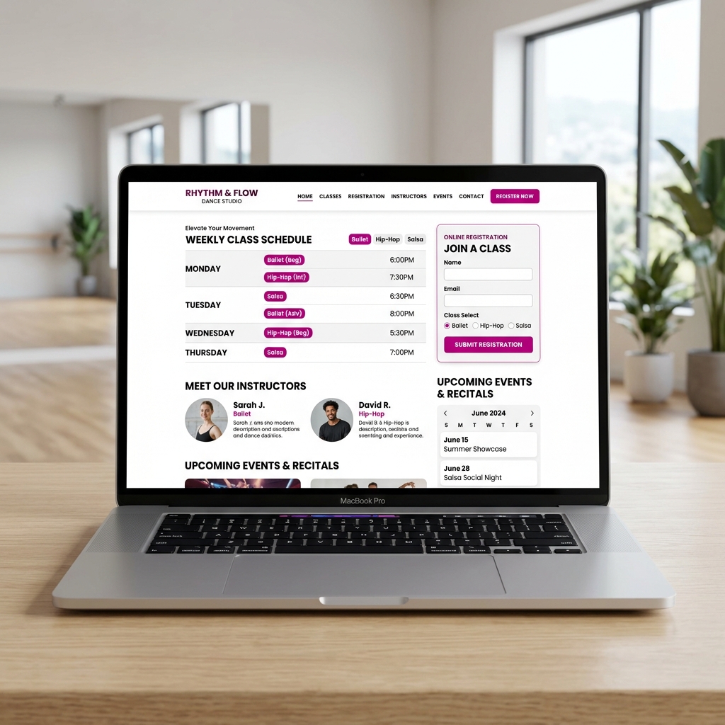 Dance studio website with class registration, recital calendar, and instructor profiles