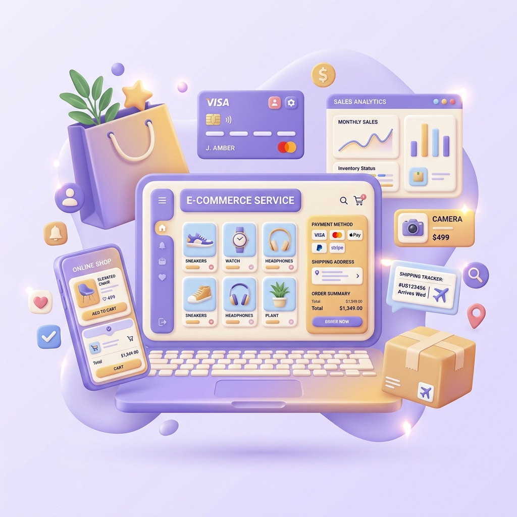 E-commerce store with product catalog, checkout, analytics dashboard, and shipping tracker