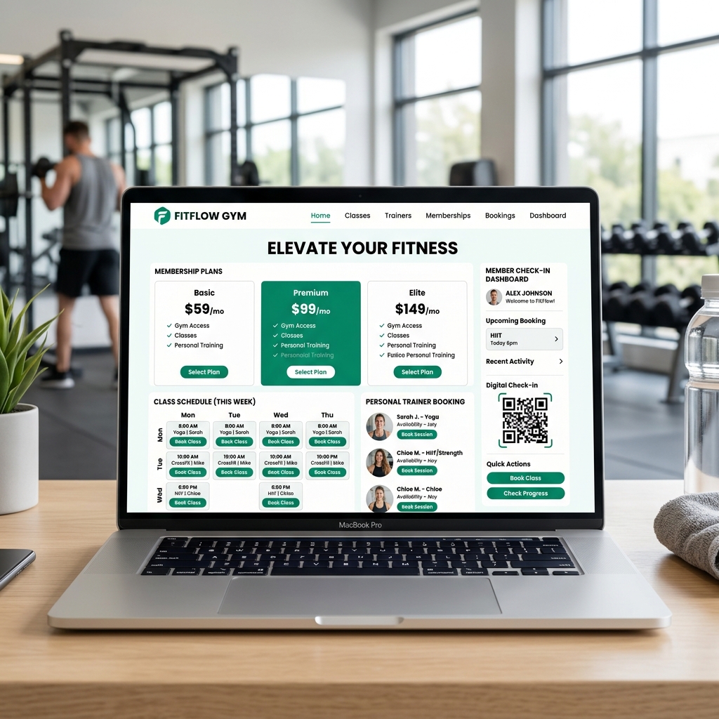Gym website with membership signup, class schedule, and personal trainer booking