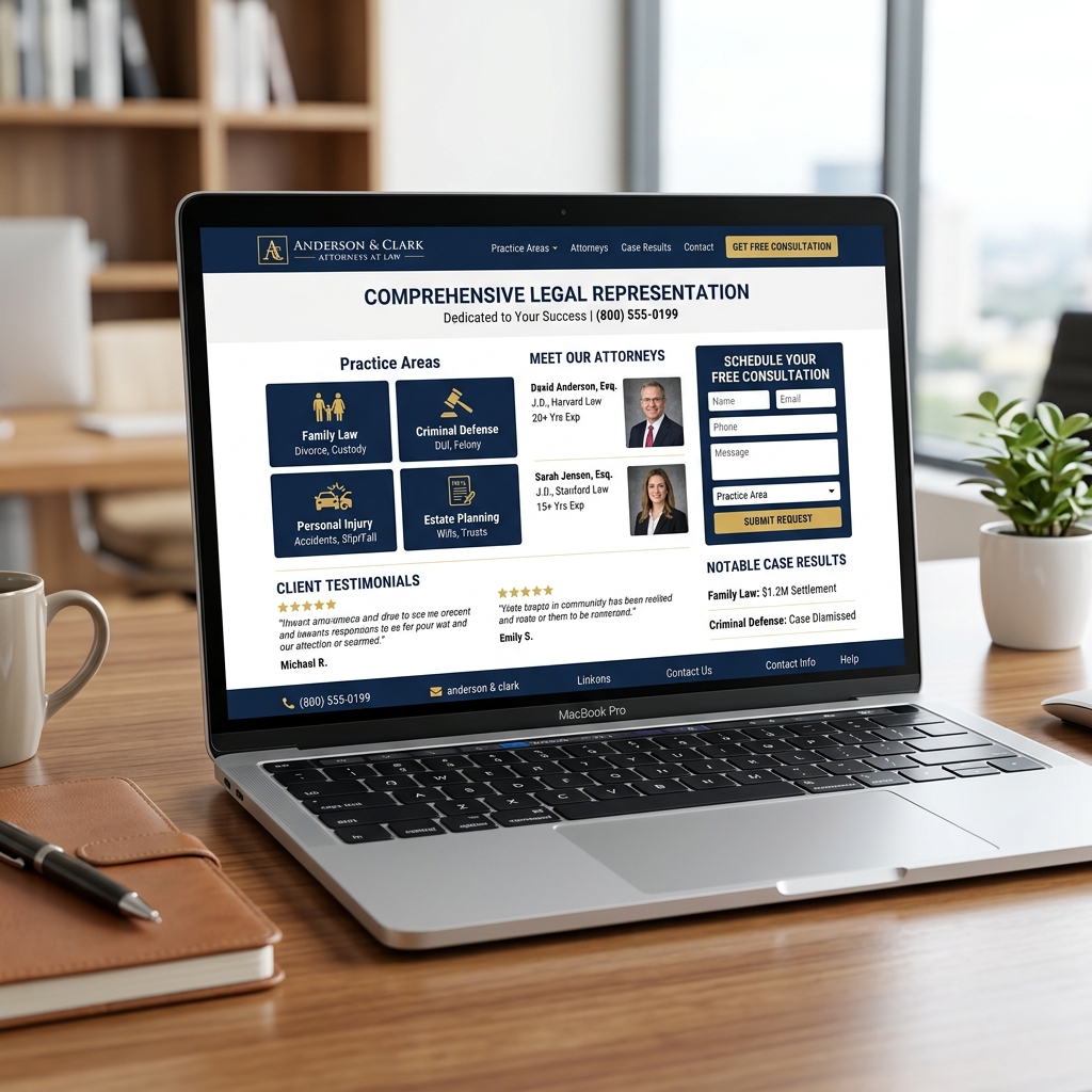 Law firm website with practice areas, attorney profiles, and consultation booking
