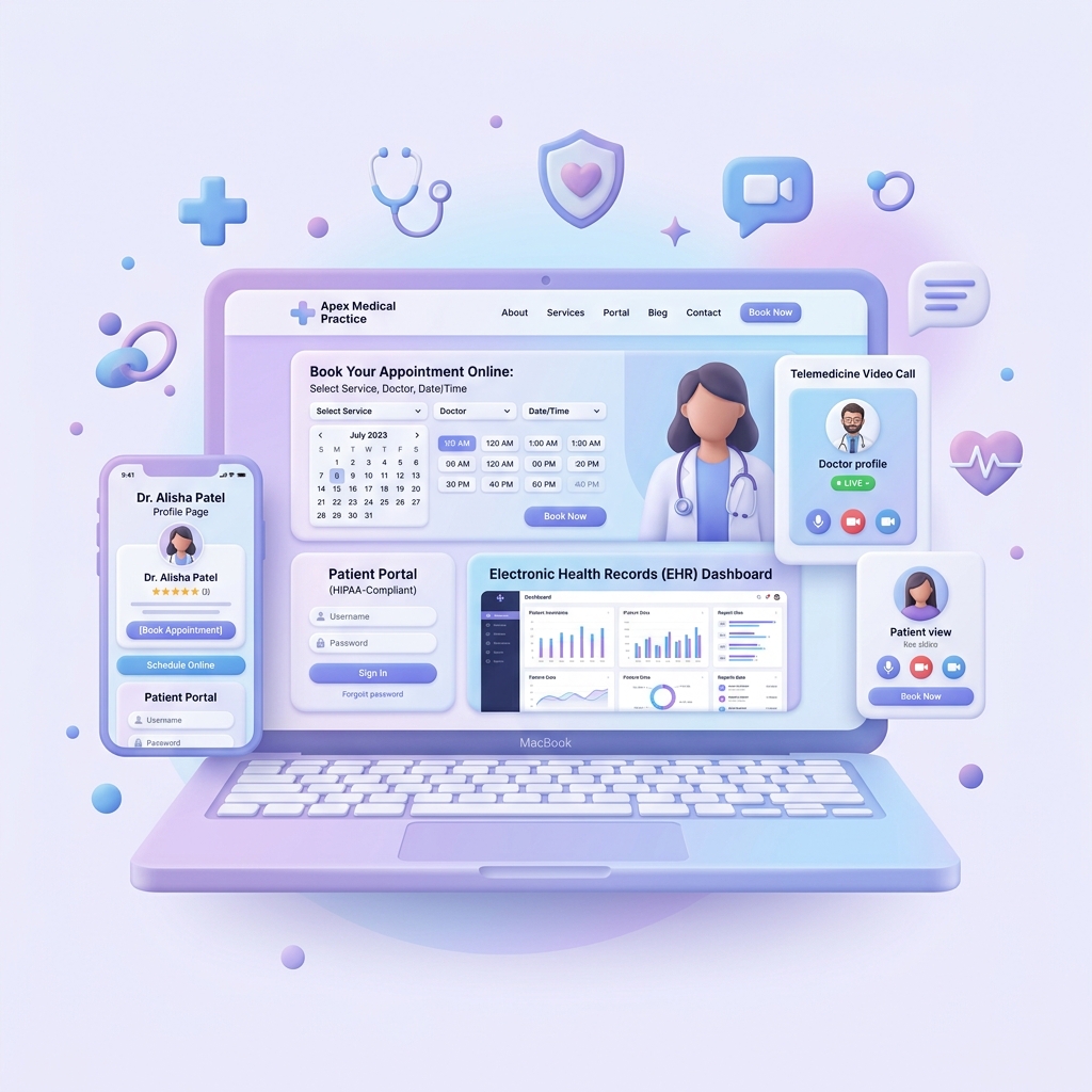 Medical practice website with patient portal, appointment booking, telemedicine, and EHR dashboard
