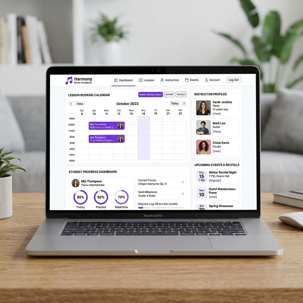 Music school website with lesson booking, student progress, and instructor profiles