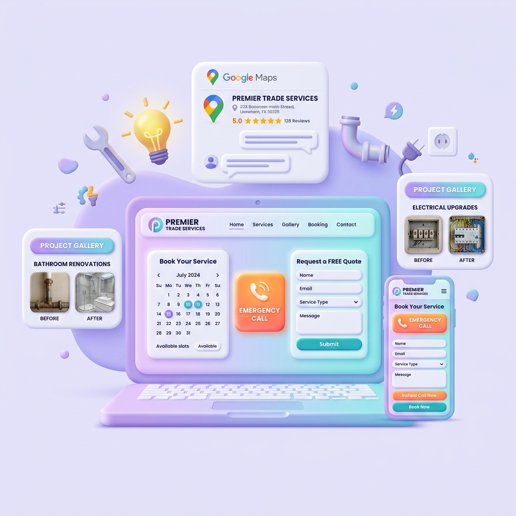 Plumber and electrician website with booking calendar, emergency call, project gallery, and Google Maps reviews