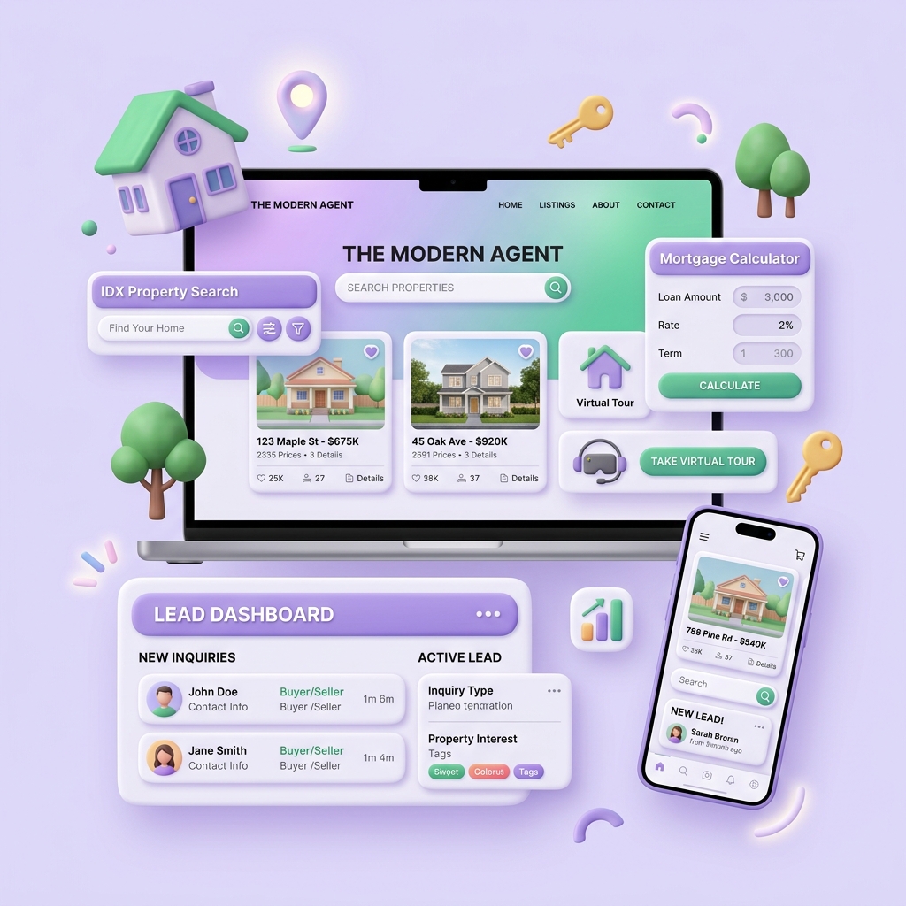 Real estate agent website with IDX search, property listings, lead dashboard, and mortgage calculator
