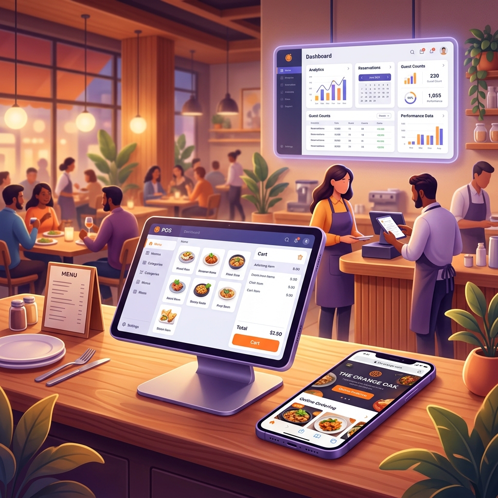 Restaurant website design with POS screen, online ordering app, and analytics dashboard