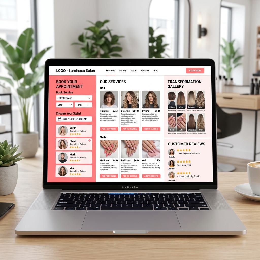 Salon website with appointment booking, stylist profiles, and transformation gallery