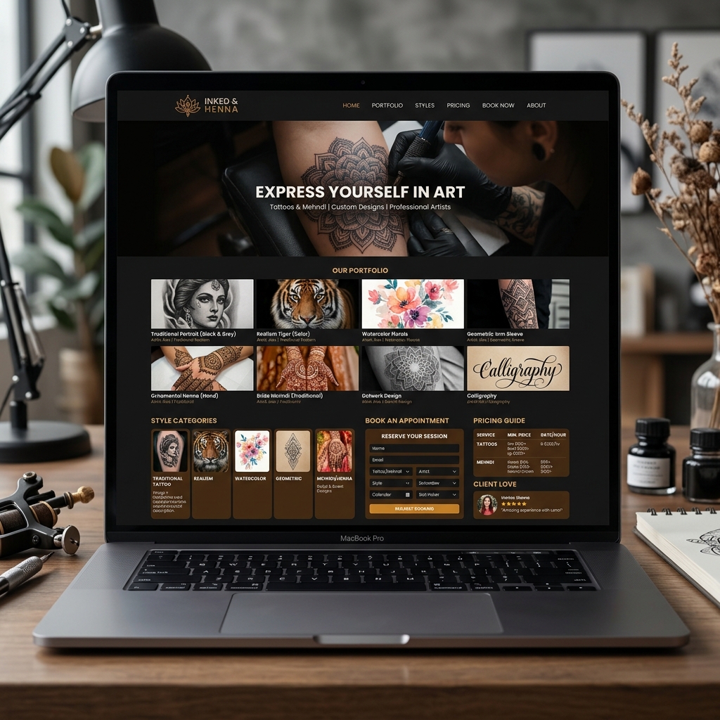 Tattoo studio website with artist portfolios, booking system, and style galleries